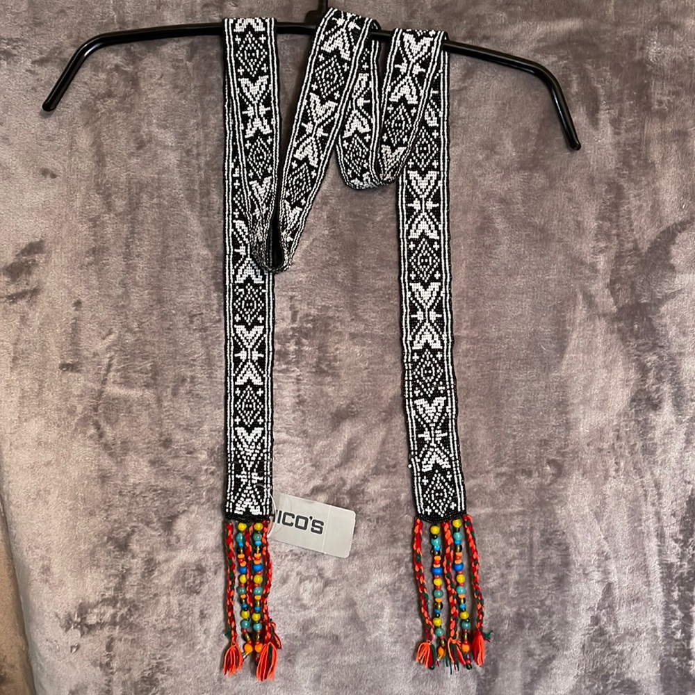 NWT Chico’s size S/M Quest Tie Belt gorgeous Black/White beading